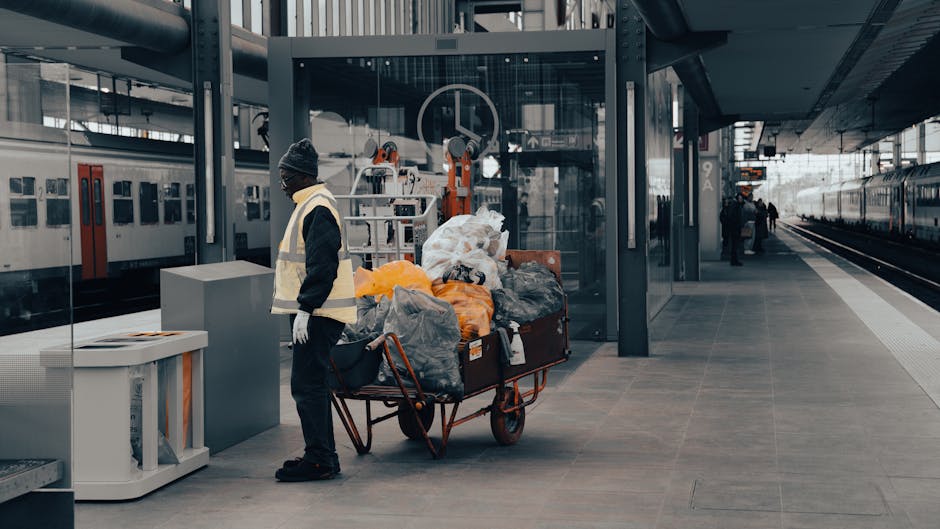 A busy urban scene near Bromley South station featuring two maintenance workers in high-visibility orange and red jackets and trousers, pushing a street cleaning cart along a paved sidewalk. The backg